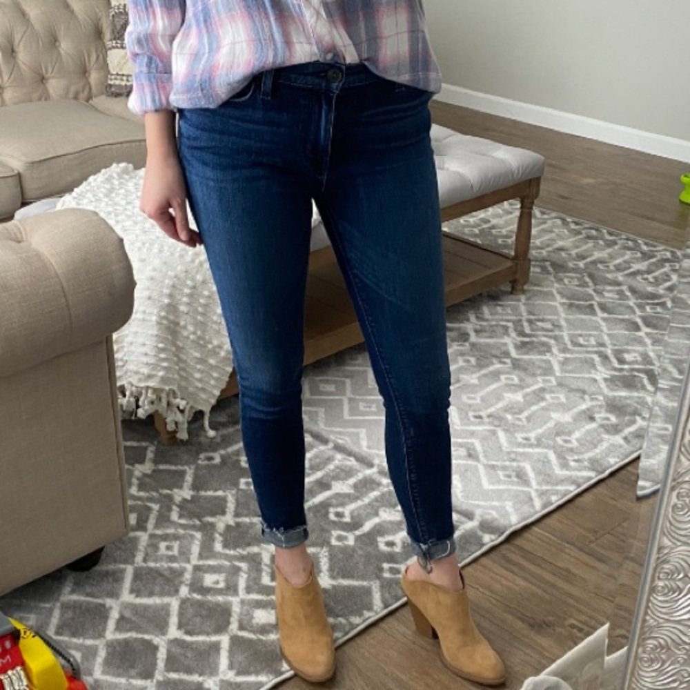 Hudson dark wash skinny jeans with released hem